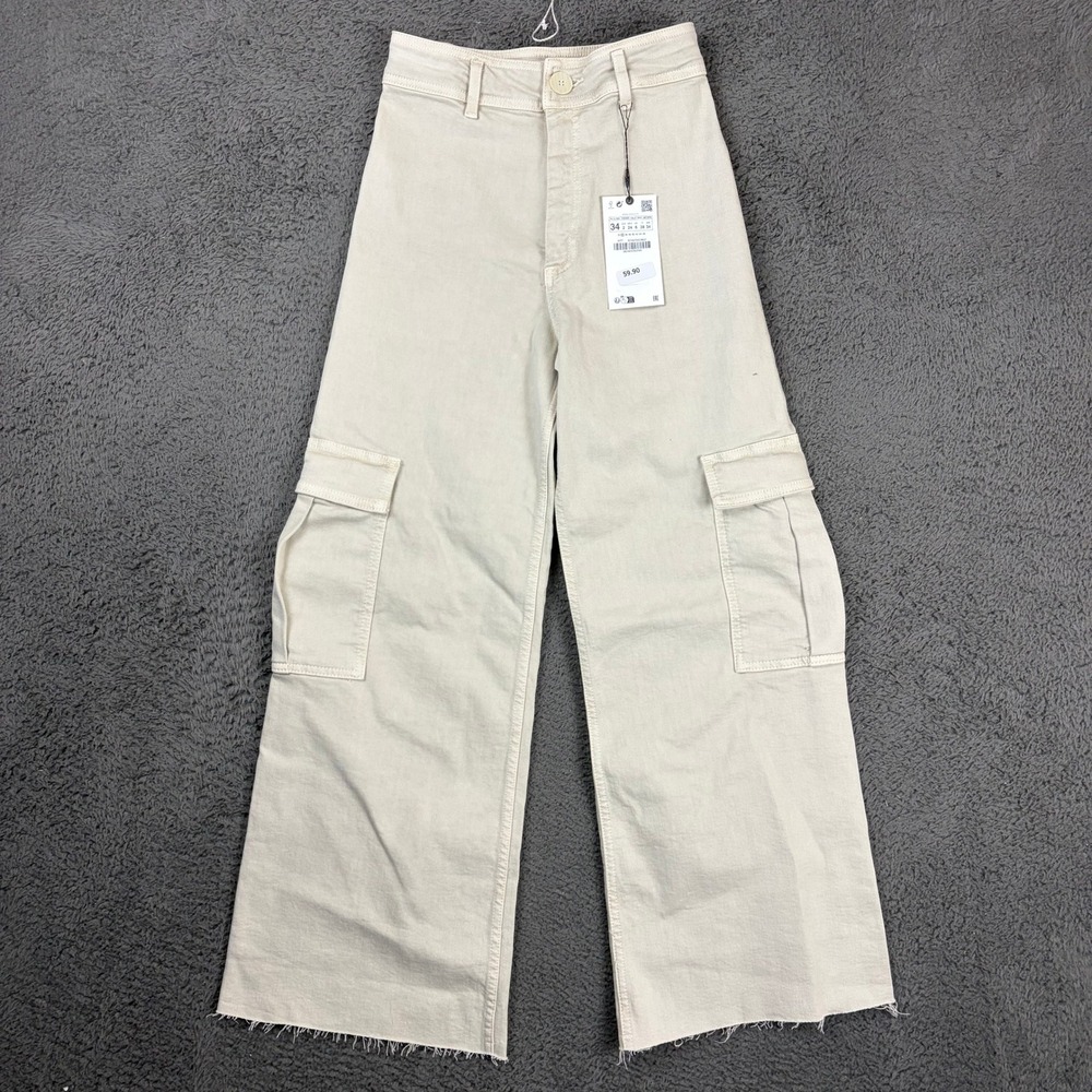 Zara Womens High Rise Wide Leg Cargo Pants Sand Beige Raw Hem Size 2 NEW